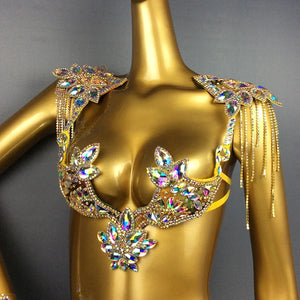 Rhinestone Carnival Bikini Set, Women's Gold Sparkle Crystal Embellished Bra and Bottoms with Shoulder Pads and Leg Bands, Samba Dance Costume