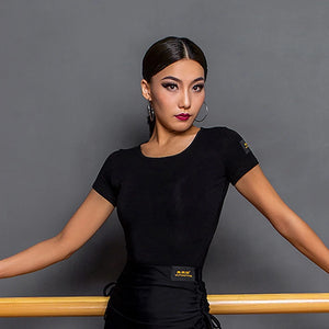 Women's Black Long Sleeve Round Neck Dance Top with Drawstring Skirt