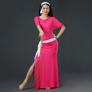 Belly Dance Dress Women's Black & Pink Long Sleeve Side Slit Baladi Saidi Folkloric Dress with Headband and Hip Scarf