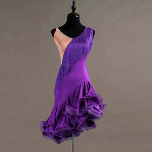 Women's Hot Pink Latin Dance Dress with Fringe, Rhinestones, and Ruffled Skirt