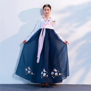 Women's Pink Hanbok Dress with Embroidered Flowers and Birds