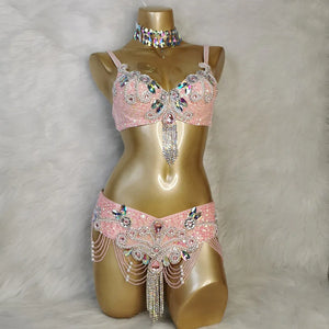 Belly Dance Costume Women's White Sequin & Rhinestone Choker Bra Belt Set with Beaded Fringe