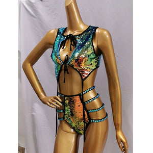 Sequined Cut-Out Bodysuit, Women's Multi-Color Sequin & Black Lycra, Open Back & Side Straps, Jazz Dance Performance Costume
