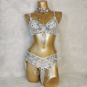 Belly Dance Costume Women's White Sequin & Rhinestone Choker Bra Belt Set with Beaded Fringe