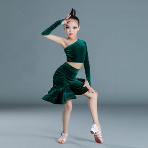 Girls' Blue and Green Velvet One-Shoulder Long Sleeve Ruffled Skirt Latin Dance Dress