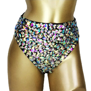High-Waisted Women's Iridescent Rhinestone Embellished Black Dance Shorts, Crystal Studded Bottoms