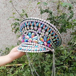 Rhinestone Embellished Military Hat, White, Sparkly Crystal Gemstone Studded, Festival Dance Accessory
