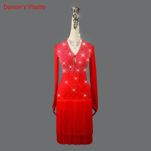 Women's Red Rhinestone Long Sleeve Fringe Latin Dance Dress