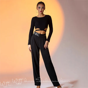 Women's Black Cut-Out Long Sleeve Crop Top and Pleated Wide Leg Dance Pants Set, Pinko Branded