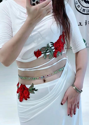 Women's Pink Floral Applique Draped Crop Top and High Slit Skirt Set for Belly Dance