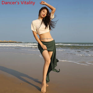 Women's Pink Crop Top and Ruched Slit Skirt Set with Rhinestone Waist Chain for Belly Dance