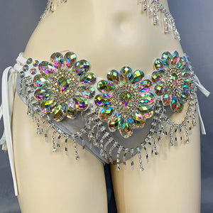 Women's White Iridescent Rhinestone Flower Bra and Bikini Set with Draping Chains, Belly Dance