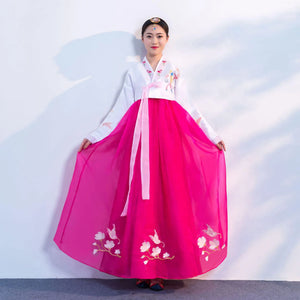 Women's Pink Hanbok Dress with Embroidered Flowers and Birds
