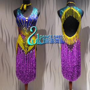 Women's Violet Blue Yellow Sequin Fringe Latin Dance Dress