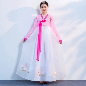 Women's Pink Hanbok Dress with Embroidered Flowers and Birds