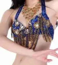 Belly Dance Costume Women Gold Sequin Beaded Fringe Halter Top and Belt Set with Rhinestone Necklace