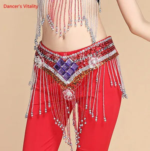 Belly Dance Hip Scarf, Women's Red Sequin & Beaded Fringe Hip Belt for Performance & Practice