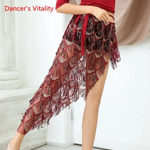Belly Dance Skirt Women's Gold Sequin Mesh Asymmetrical Hip Scarf with Fringe Tassels, Latin Rumba Performance Wrap