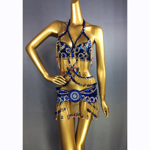 Belly Dance Costume Women's Blue Sequin Beaded Fringe Halter Top and Hip Scarf Set for Eastern Dance Performance