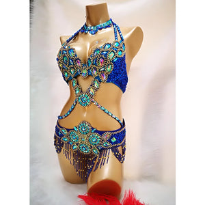 Women's Blue Embellished Halter Neck Sequin & Beaded Belly Dance Costume