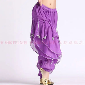 Women's Purple Chiffon Harem Pants with Silver Trim for Belly Dance