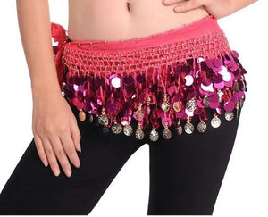 Belly Dance Hip Scarf for Women, Blue Sequin & Coin Fringe, Chiffon & Spandex, Tribal Fusion Bellydance