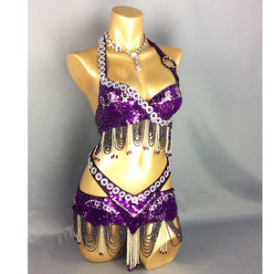 Belly Dance Costume, Women's Black & Silver Beaded Halter Top & Skirt Set, Sequin & Bead Fringe, Performance Wear