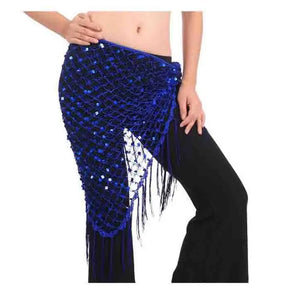 Women's Blue Sequin Mesh Fringe Belly Dance Hip Scarf