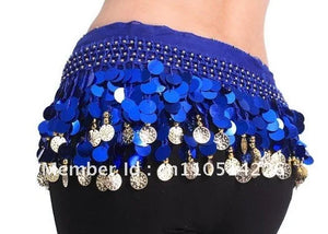 Belly Dance Hip Scarf for Women, Blue Sequin & Coin Fringe, Chiffon & Spandex, Tribal Fusion Bellydance