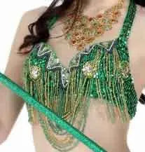 Belly Dance Costume Women Gold Sequin Beaded Fringe Halter Top and Belt Set with Rhinestone Necklace