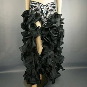 Belly Dance Skirt Women Orange Beaded Sequin Hip Scarf Ruffled Organza Slit Skirt Tribal Fusion Costume