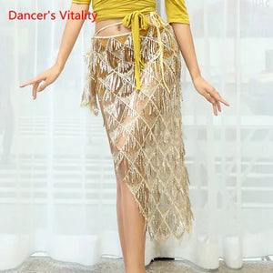 Belly Dance Skirt Women's Gold Sequin Mesh Asymmetrical Hip Scarf with Fringe Tassels, Latin Rumba Performance Wrap