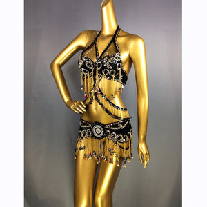 Belly Dance Costume Women's Blue Sequin Beaded Fringe Halter Top and Hip Scarf Set for Eastern Dance Performance