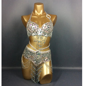 Belly Dance Costume, Women's Gold Sequin & Rhinestone Halter Bra & Hip Scarf Set with Beaded Fringe, Professional Performance Wear