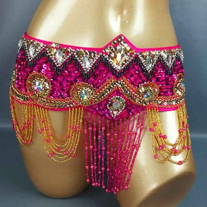 Belly Dance Hip Scarf, Women's Royal Blue Sequin & Bead Embellished Hip Belt with Gold & Iridescent Fringe, Tribal Fusion Dancewear