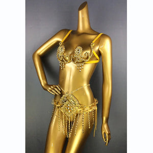 Belly Dance Bra and Belt Set, Women's Red Sequin Rhinestone Beaded Halter Top and Hip Scarf, Cabaret Dancewear