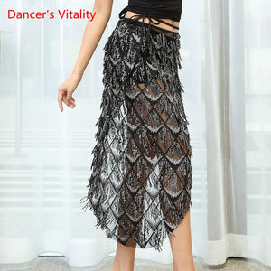 Belly Dance Skirt Women's Gold Sequin Mesh Asymmetrical Hip Scarf with Fringe Tassels, Latin Rumba Performance Wrap