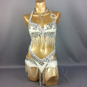 Belly Dance Costume, Women's Black & Silver Beaded Halter Top & Skirt Set, Sequin & Bead Fringe, Performance Wear
