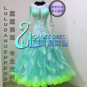 Ballroom Dance Dress Women's Mint Green Beaded Mesh Feather Gown Standard Competition.
