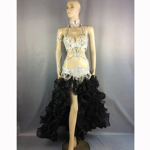 Women's White Sequin & Rhinestone Embellished Halter Neck Belly Dance Costume with Ruffled High-Low Skirt