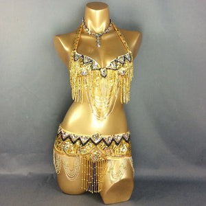 Belly Dance Costume Women Gold Sequin Beaded Fringe Halter Top and Belt Set with Rhinestone Necklace