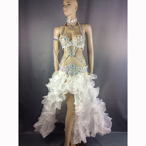 Women's White Sequin & Rhinestone Embellished Halter Neck Belly Dance Costume with Ruffled High-Low Skirt