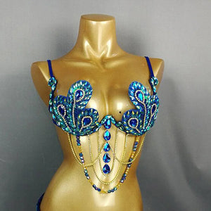 Women's Blue and Green Rhinestone Peacock Feather Embellished Gold Chain Belly Dance Bra Top