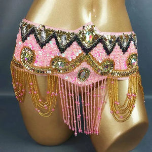 Belly Dance Hip Scarf, Women's Royal Blue Sequin & Bead Embellished Hip Belt with Gold & Iridescent Fringe, Tribal Fusion Dancewear