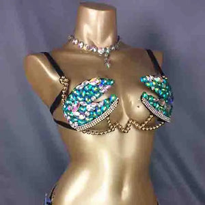Belly Dance Bra Top, Women's Teal & Iridescent Rhinestone Sequin Chain Bra, Tribal Fusion Dancewear