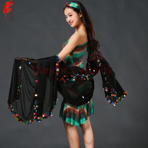 Women's Green & Brown Printed Tank Dress with White Sequin Hip Scarf, Belly Dance