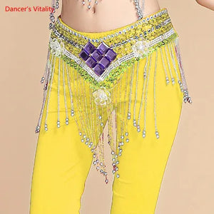 Belly Dance Hip Scarf, Women's Red Sequin & Beaded Fringe Hip Belt for Performance & Practice