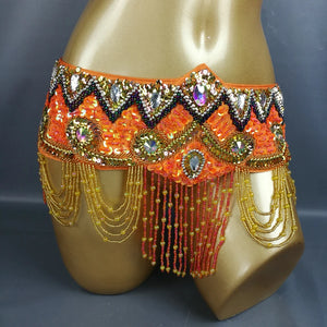 Belly Dance Hip Scarf, Women's Royal Blue Sequin & Bead Embellished Hip Belt with Gold & Iridescent Fringe, Tribal Fusion Dancewear