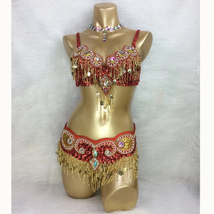 Belly Dance Bra and Belt Set, Women's Gold Sequin Beaded Fringe, Crystal Embellished, Tribal Fusion Dancewear