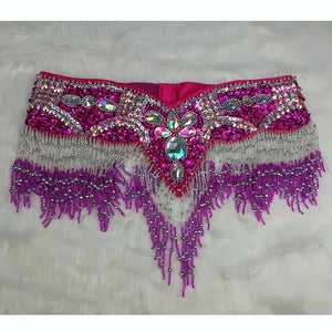 Belly Dance Hip Scarf, Women's Black & Silver Sequin Beaded Fringe Hip Belt, Tribal Dance Skirt
